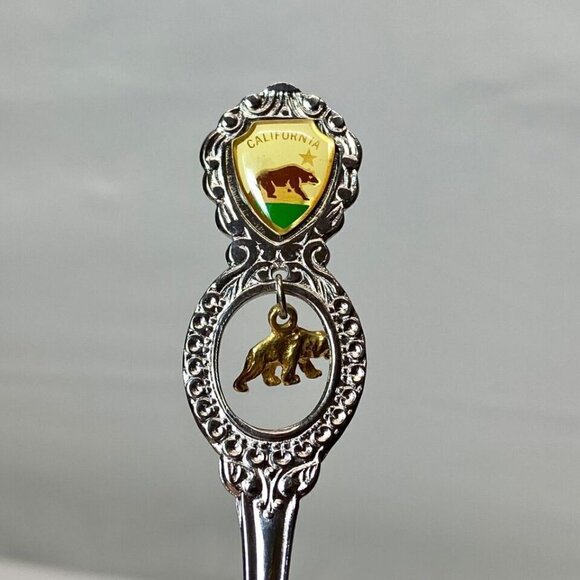 California Stamped Souvenir Spoon 4 5/8" Silver Tone Gold Bear Charm Enamel VTG - Picture 7 of 10